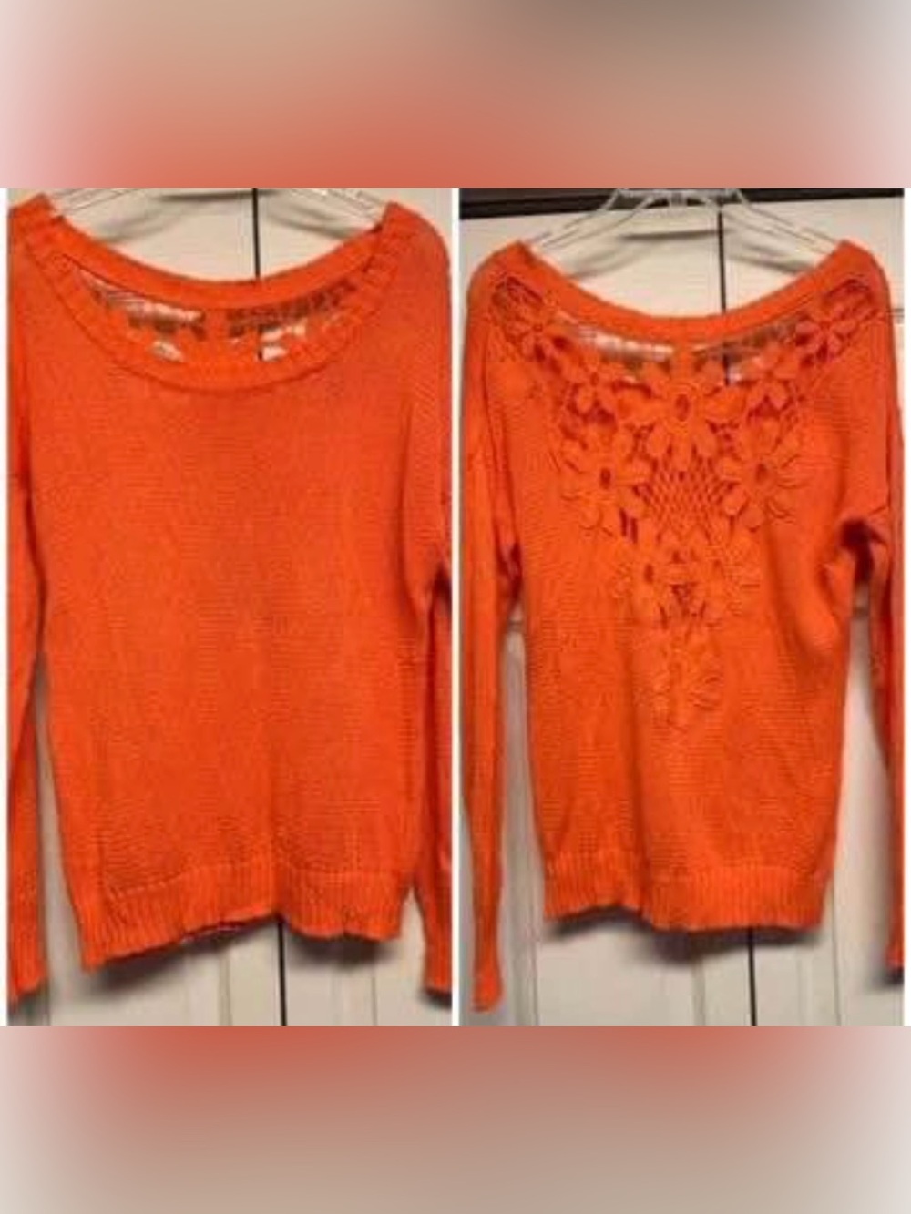Women's Coral color  Crochet-Back Crewneck Sweater
